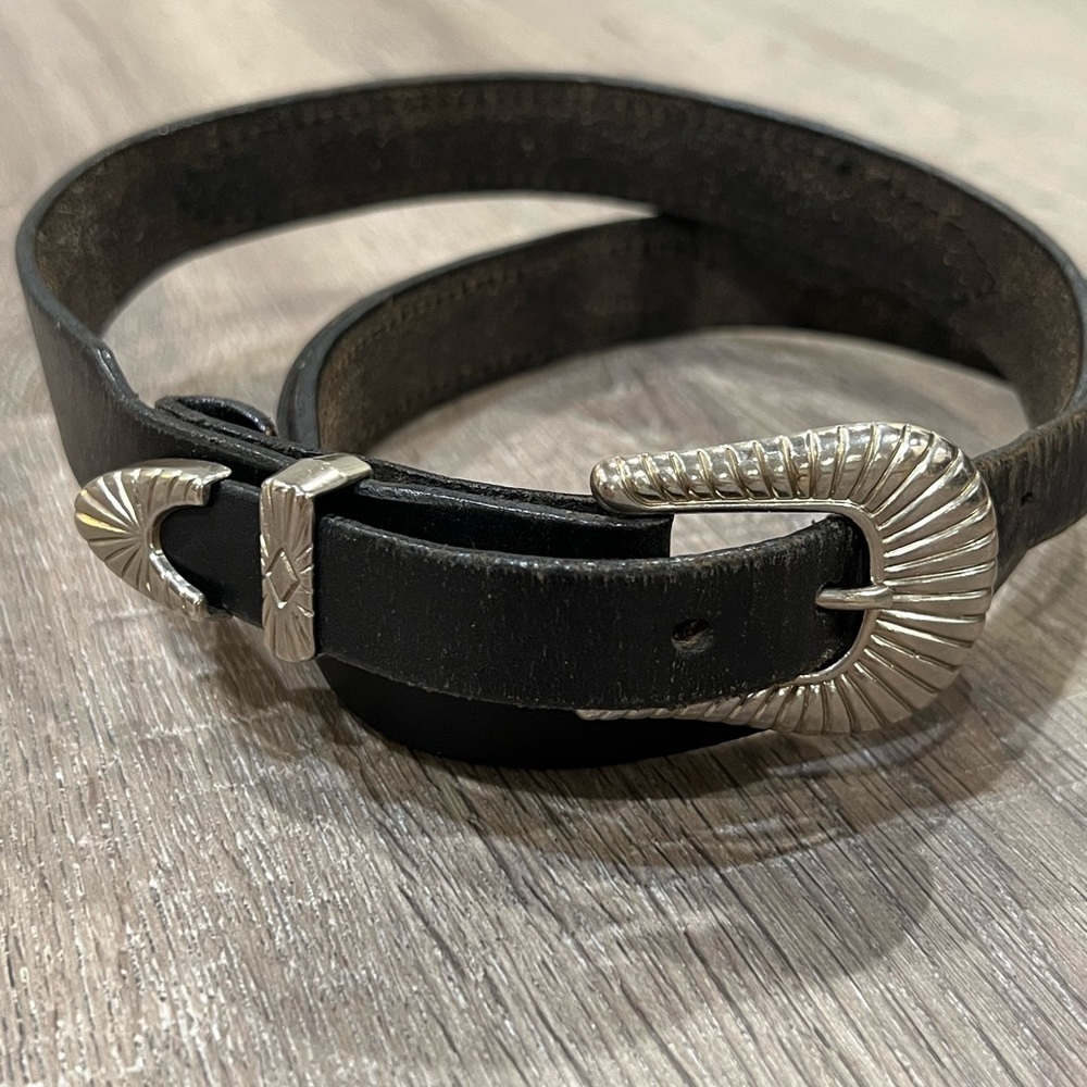 Handmade Colorado Leather Goods 36W Black Belt Silver Buckle Beaded Accent Belt